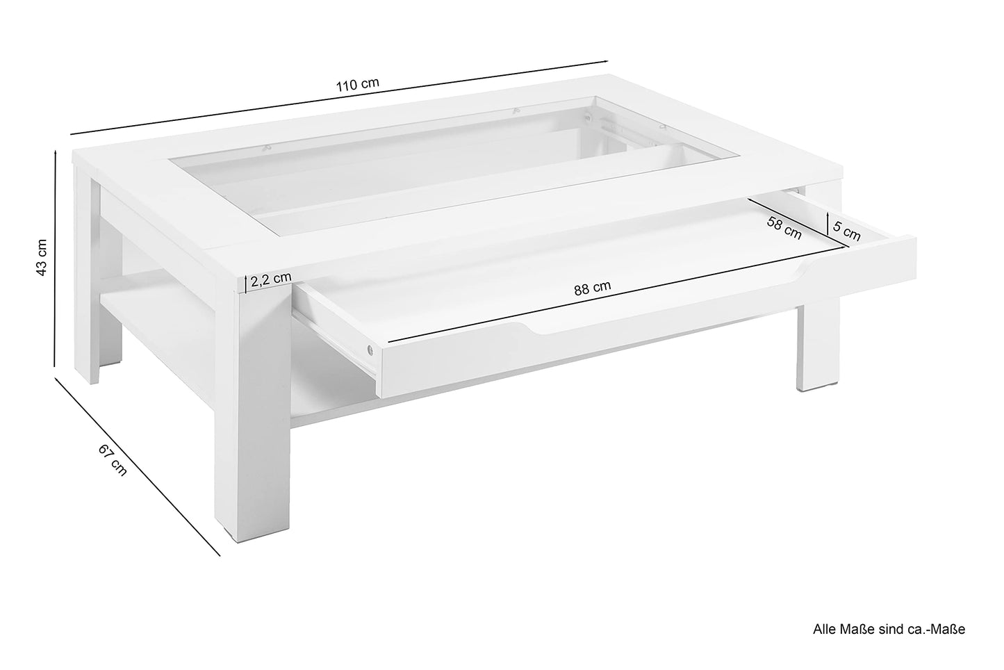 byLIVING Coffee Table Ralph/modern Coffee Table with glass insert and spacious drawer in Old Wood-look/Side Table with plenty of storage space/W 110, H 43, D 67 cm