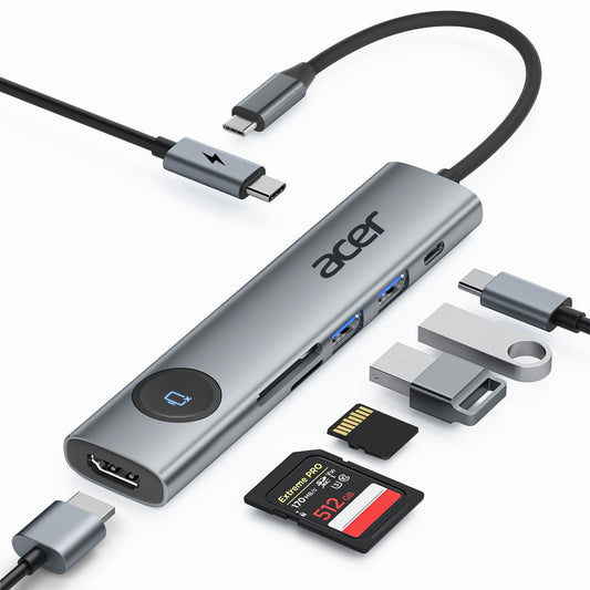 Acer USB C Hub, 4K@60Hz Adapter with HDMI, PD 100W, 2x USB 3.0, data port, card reader, and screen control - 7 in 1 docking station for MacBook Pro/Air, Surface, iPhone 16 Pro.