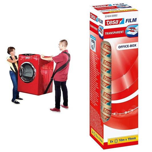 Shoulder Dolly 2-person carrying strap, lifting belt for ergonomic and easy lifting of objects up to 370 kg and 3.65 m in length & transparent tape - 10 m x 19 mm - 8 pack.