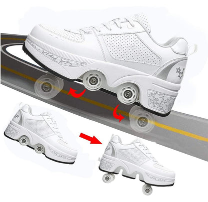 Shoes with wheels, roller skates, skateboard shoes, children's shoes with wheels, skate shoes, roller shoes, sports shoes, running shoes, sneakers with wheels for girls and women, white silver, size 39 EU.