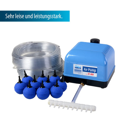 AquaForte Hi-Flow V-60 Air Pump Set, complete with air distributors, 50 m hose 4 x 6 mm, and 10 air stones 5 cm. Capacity at 2 meters 40 liters per minute. Maximum pond size 36 m3.