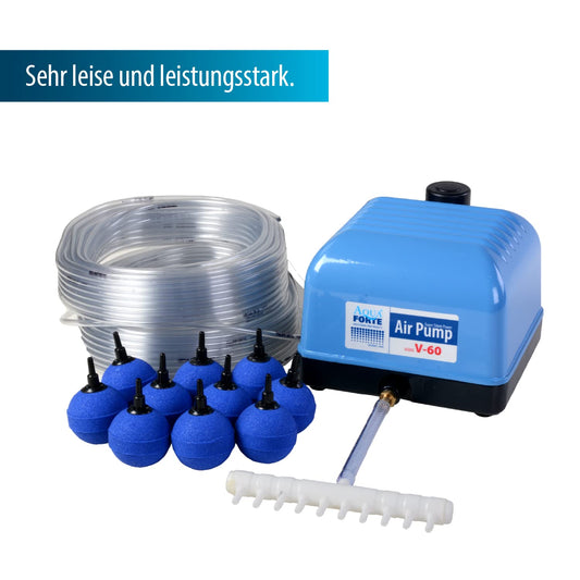 AquaForte Hi-Flow V-60 Air Pump Set, complete with air distributors, 50 m hose 4 x 6 mm, and 10 air stones 5 cm. Capacity at 2 meters 40 liters per minute. Maximum pond size 36 m3.