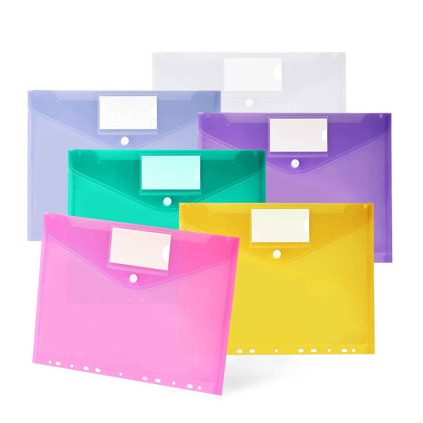 Document Folder A4 - Pack of 30, Transparent Folders with 11-hole edge and label pocket, Clear Sleeve for Documents (6 Colors)