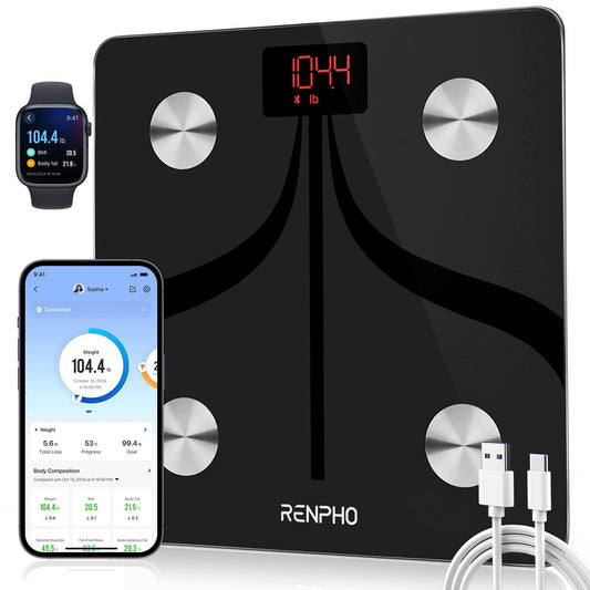 RENPHO Body Fat Scale Smart, Rechargeable Digital USB-C Bathroom Scale with Body Fat Analysis App, 180 kg, Black