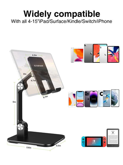 Elitehood Adjustable Aluminum iPad Stand, Adjustable Tablet Holder for Table, Foldable Tablet Stand for iPad Pro 12.9, Air, Mini, Galaxy Tab up to 4-1 Inch - Black