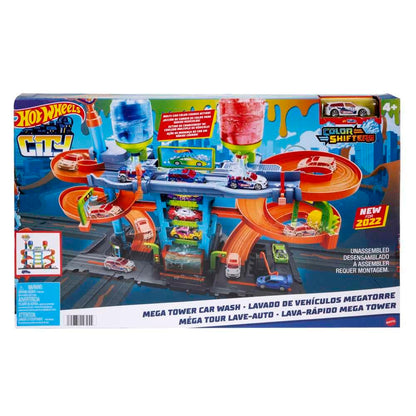 Hot Wheels City Race Track with Car Wash, color-changing feature, includes 1 toy car, suitable for kids aged 4 and up, HDP05.