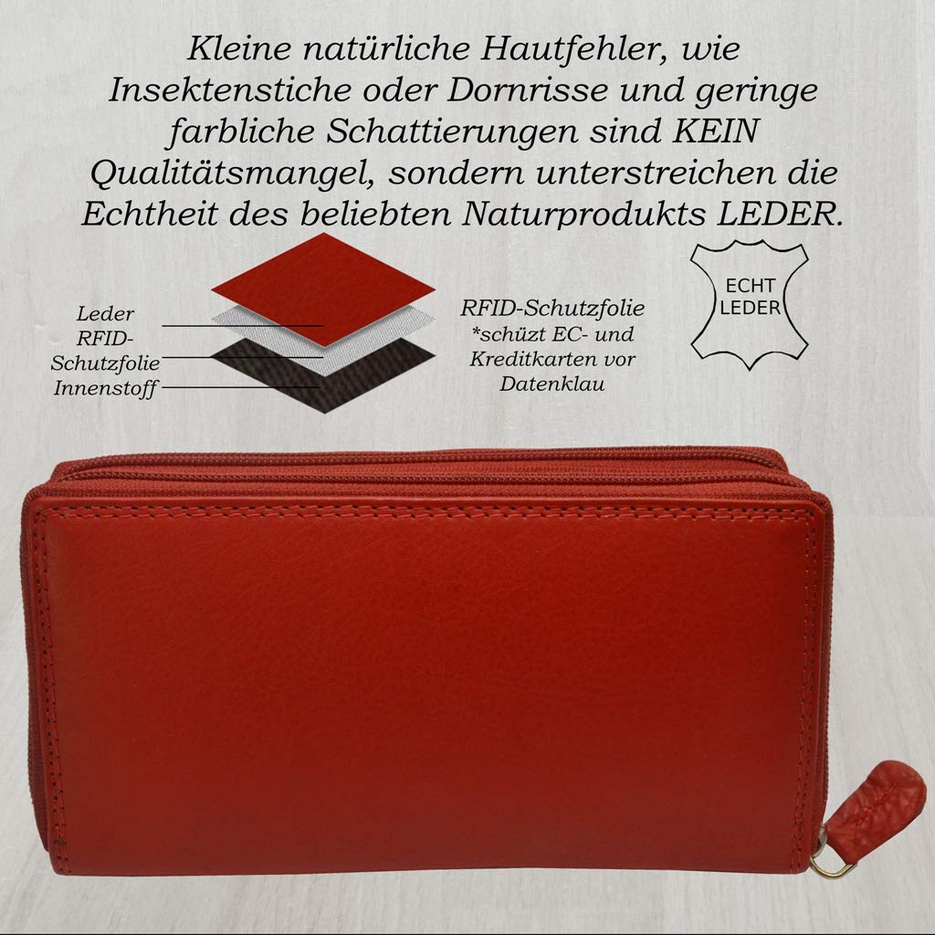 flevado XL wallet Large women's genuine leather wallet with plenty of storage space and room for 29 cards (light red)