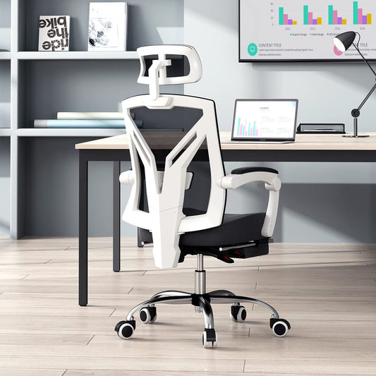 Hbada office chair, ergonomic swivel chair with footrest, executive chair with high backrest, desk chair with adjustable headrest and armrests, white.