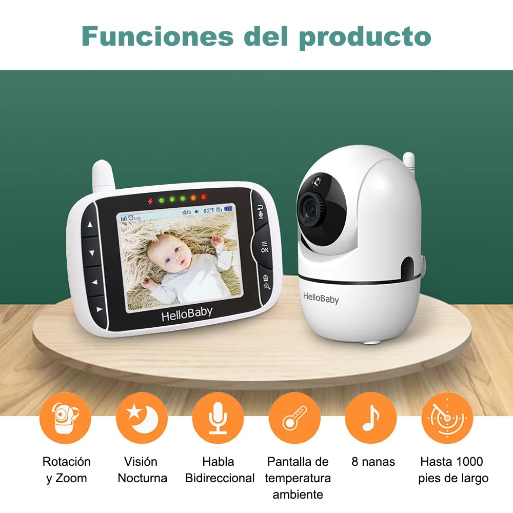HelloBaby Baby Monitor with Camera, 3.2 inch screen, 355° Pan-120° Tilt-Zoom, Baby monitor without WiFi, 2-way audio, temperature, 8 lullabies, night vision, temperature sensor (Black/White)