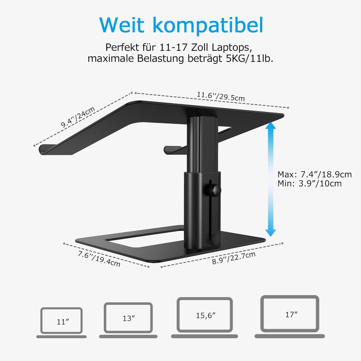 BoYata Laptop Stand, Height Adjustable Laptop Riser, Ventilated Aluminum Notebook Holder for Desk, Compatible with 10-17'' Laptop.