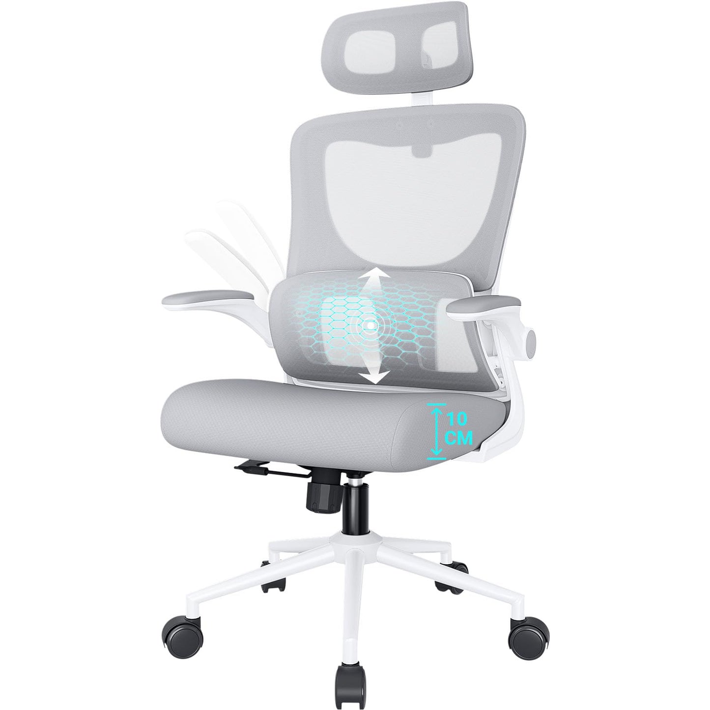 BASETBL Ergonomic office chair with lumbar support and headrest, ergonomic desk chair with folding armrests, swivel chair, PC chair with height adjustment and rocking function, Gray