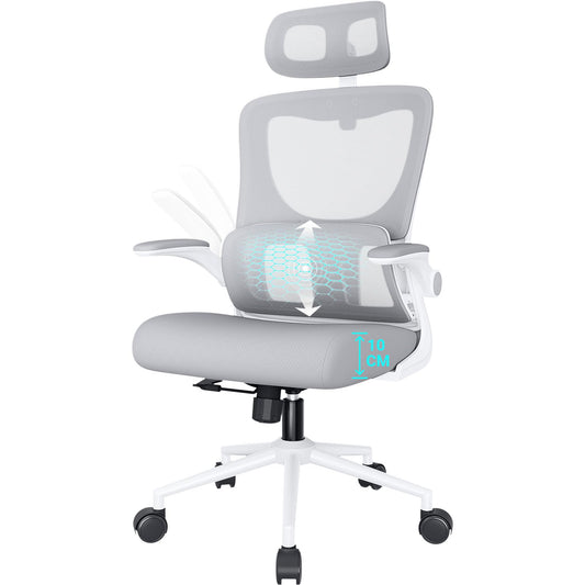 BASETBL Ergonomic office chair with lumbar support and headrest, ergonomic desk chair with folding armrests, swivel chair, PC chair with height adjustment and rocking function, Gray
