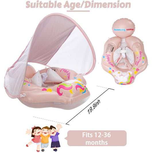TUIBEIDAMAI Baby Swim Ring with Sunshade Removable, Swim Ring with Sun Protection Adjustable Shoulder Straps, Inflatable Swim Ring, Baby Float Swim Ring for 3-36 Months (Pink)