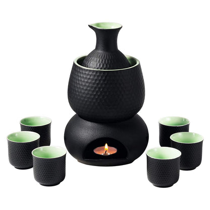 Sake set and cups with warmer and gift box, traditional Japanese porcelain for hot sake drinks, 9 pieces, including 1 stove, 1 warming tray, 1 sake bottle, 6 cups