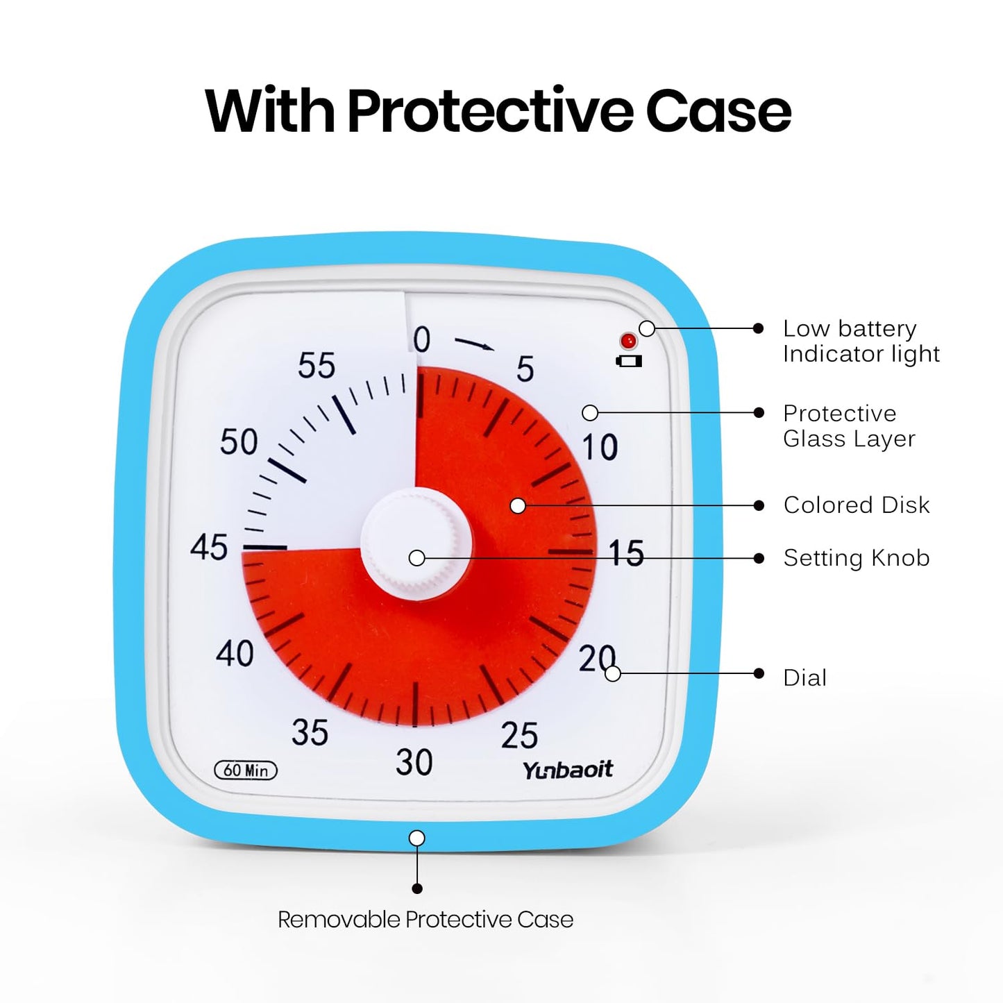 Visual timer, Yunbaoit Improved 60 minute countdown timer for kids adults with low battery alarm, quiet time management tool with optional alarm (Blue)
