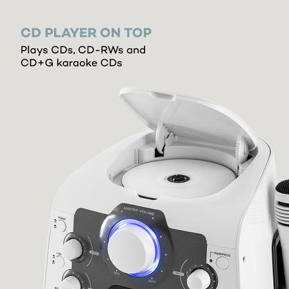 auna StarMaker 2.0 Karaoke System, karaoke machine with Bluetooth function, CD player, for CD, CD+G, CD-RW, includes microphone, 2 microphone inputs, LED show, A/V output, white.