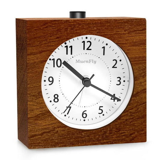 Analog alarm clock without ticking, wooden alarm clock with snooze function, battery-operated table clock with night light for bedrooms, night kids, and offices (1xAA battery required)