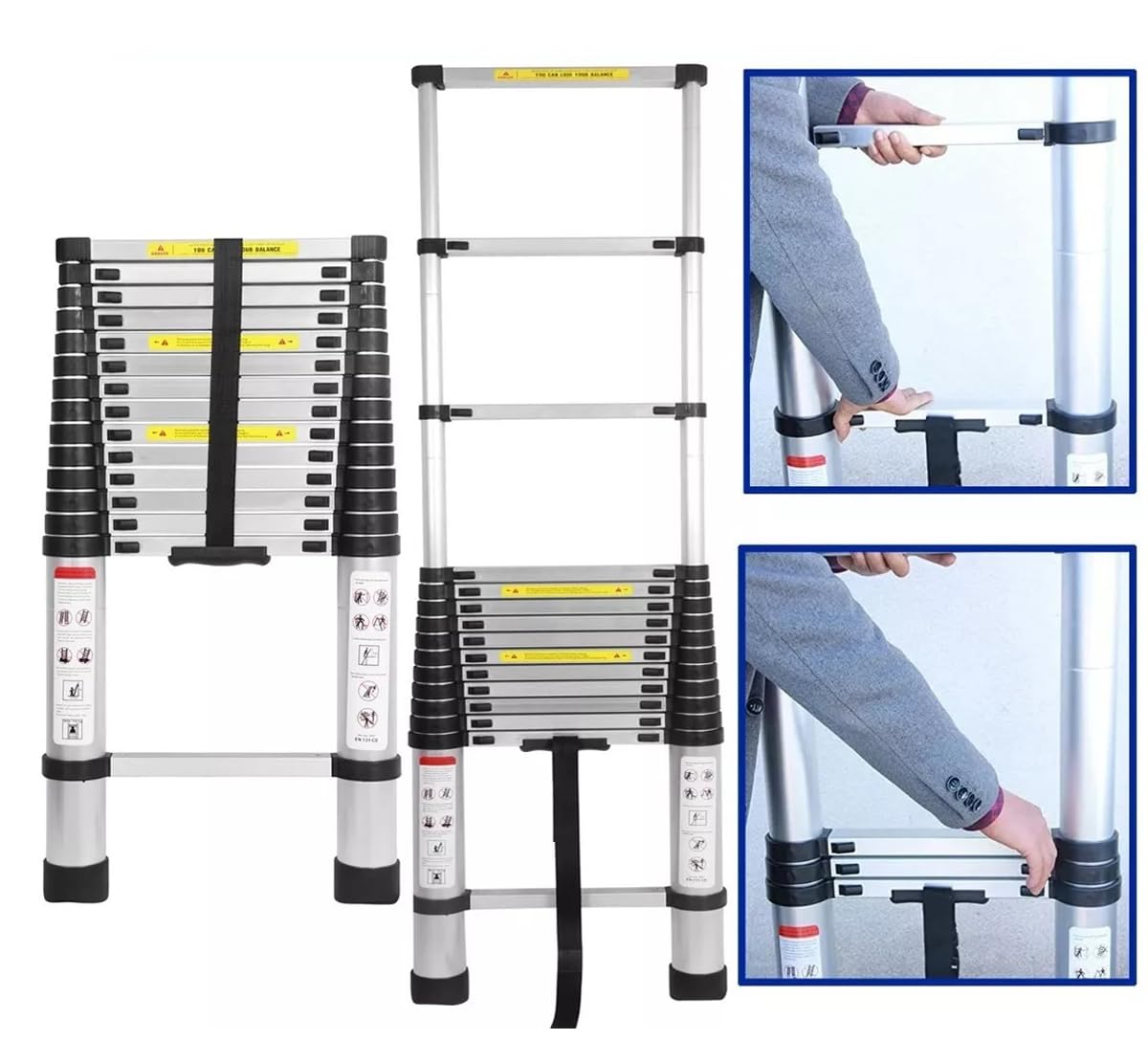 14.5FT portable multipurpose aluminum telescoping ladder, 4.4M retractable foldable ladder extension climbing stable ladder, 330lbs max load, step ladder with non-slip rubber feet.