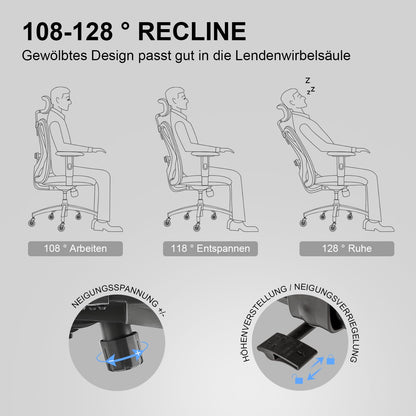 SIHOO ergonomic office chair features adjustable lumbar support, headrest, and armrests, height adjustment, rocking function, supports up to 150kg/330lb.