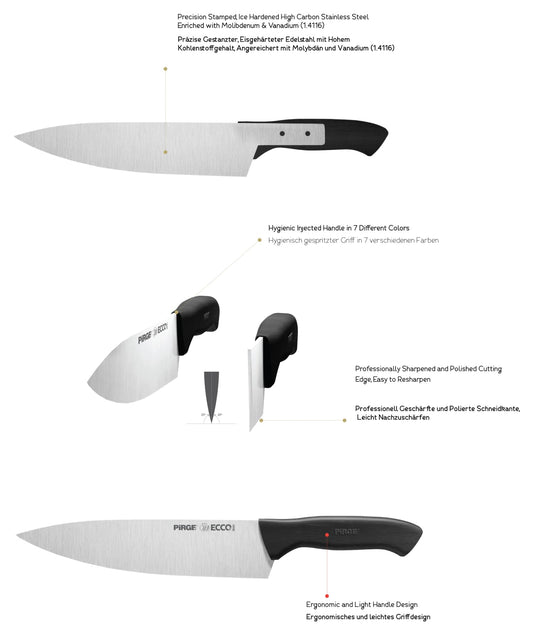 Pirge Ecco Butcher Knife 19 cm Black Slaughtering Knife - Meat Knife - Boning Knife - Excellent Sharpness Butcher Knife - Stainless Steel Professional Kitchen Knife - Ergonomic Plastic Handle Design