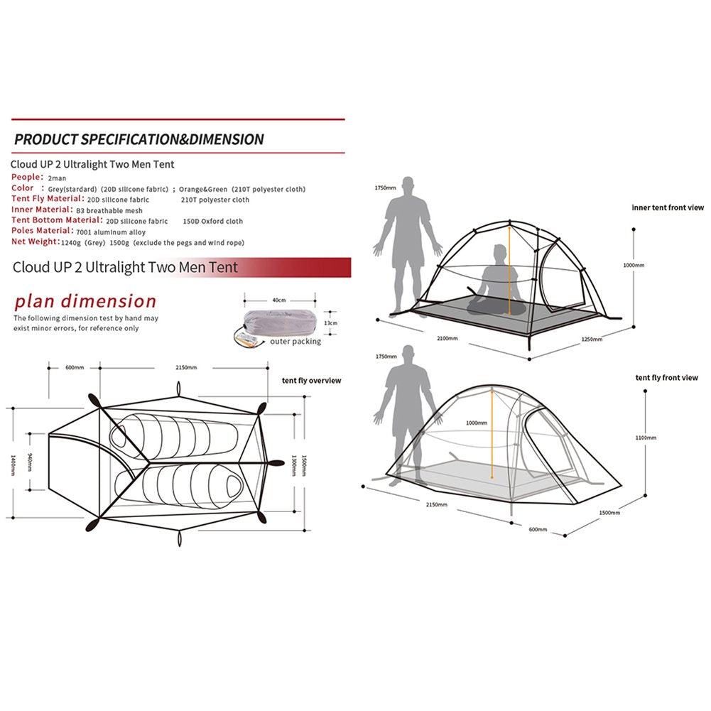 Naturehike Cloud-up 2 Ultralight Camping Tent for 2 People - Waterproof Double Layer Backpacking Tent 4 Seasons (Orange)