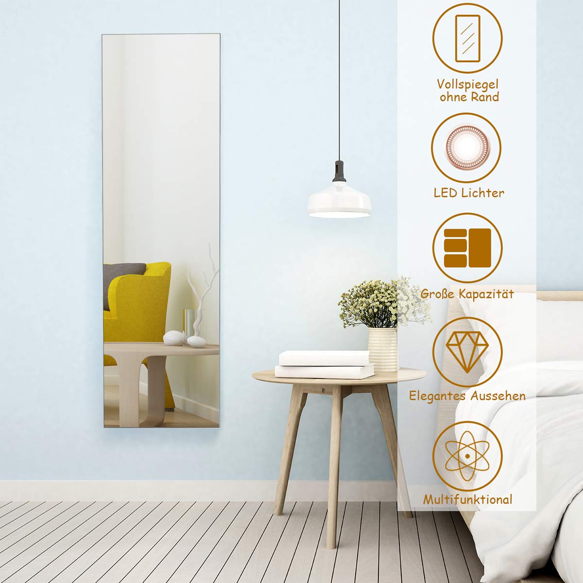 RELAX4LIFE Hanging Jewelry Cabinet, Mirror Cabinet with LED Lighting & Mirror & Lock, Jewelry Organizer for Earring & Bracelet & Necklace & Ring & Cosmetics, Door & Wall Mount, 120x35.5x10cm (White)