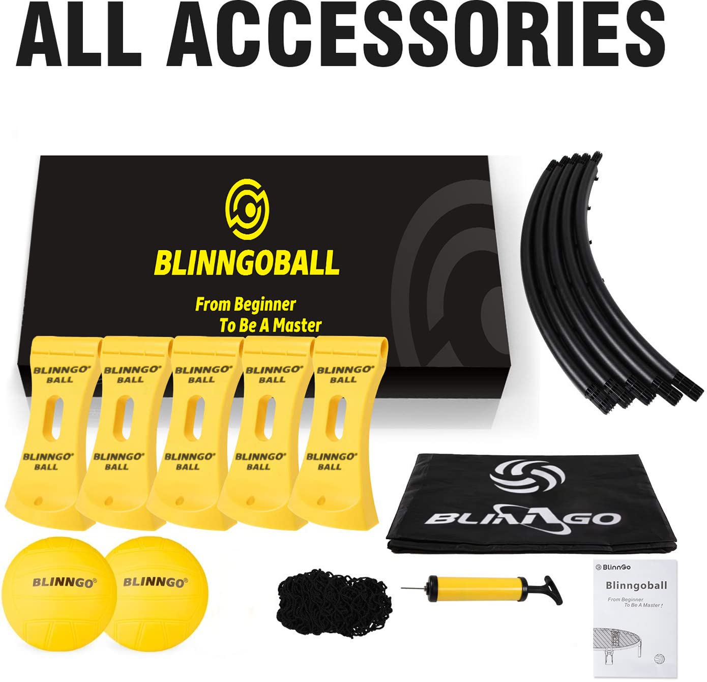 Mooki's Blinngoball Roundnet game for families spiderball set includes game net, 2 balls, drawstring bag, ball pump with 1 needle, and manual.