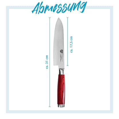 The GRÄWE Damascus knife is made of Damascus steel and features a sharp, large 17.5 cm blade. This Asian Santoku knife comes in a gift box.