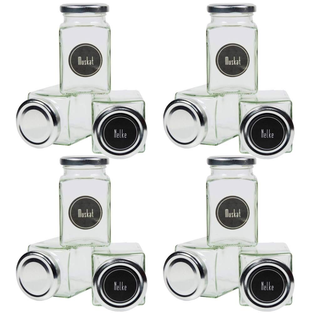12 square spice jars 260 ml including 24 spice labels, silver lid color