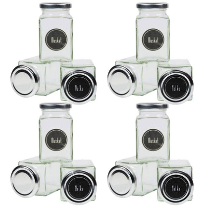 12 square spice jars 260 ml including 24 spice labels, silver lid color