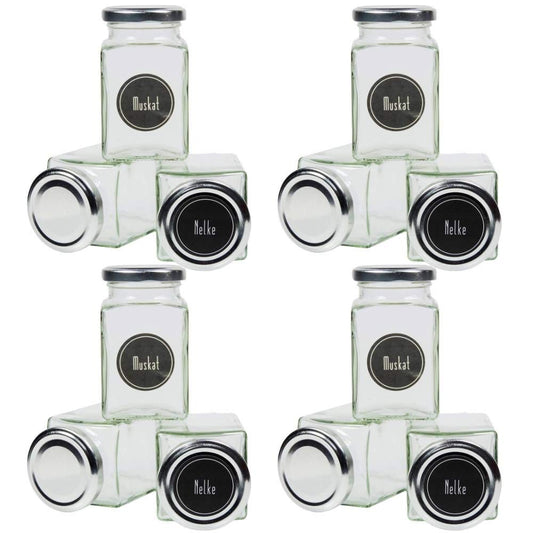 12 square spice jars 260 ml including 24 spice labels, silver lid color