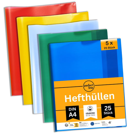 Perfect Line 125 A4 notebook covers, 5 colors, transparent grained cover, protective cover made of recyclable PP, document-proof (5 sets of 25 pieces each).