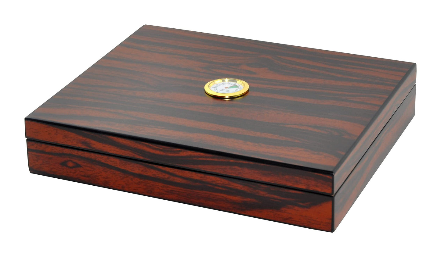 Eitida Cigar Humidor for 20 cigars, handcrafted with tempered glass and cedar wood. Includes humidifier, hygrometer, airtight seal, and glass lid. Perfect gift for men. Color: Makassar Brown.