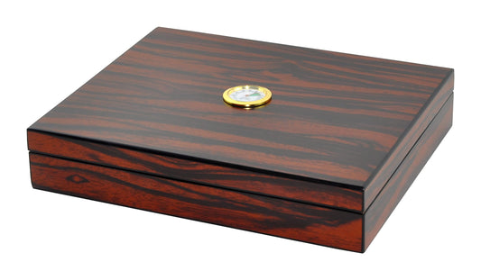 Eitida Cigar Humidor for 20 cigars, handcrafted with tempered glass and cedar wood. Includes humidifier, hygrometer, airtight seal, and glass lid. Perfect gift for men. Color: Makassar Brown.