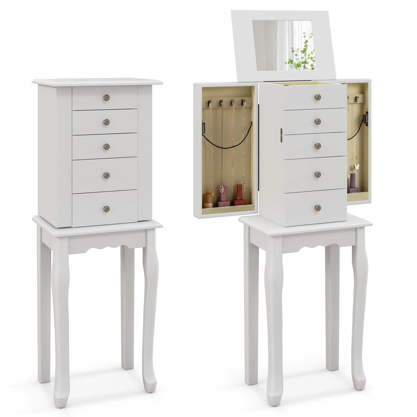 HOMASIS Jewelry Box with 4 Drawers & 8 Hooks, Jewelry Cabinet with Mirror, Jewelry Case with 4 Solid Wood Legs, Jewelry Storage for Wardrobe, Bathroom, Bedroom, White