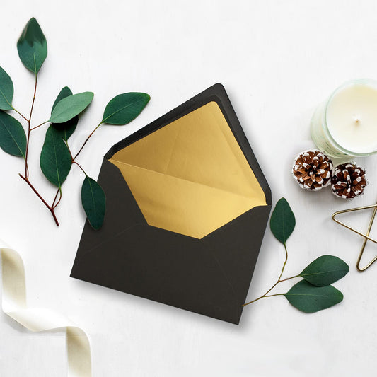 75 metallic gold lined envelopes, size DIN C5, black - 156 x 220 mm - wet adhesive with pointed flap - ColorsJoy by GUSTAV NEUSER