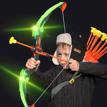 AUVIM Archery Set bow and arrow set for kids with LED lights. Includes 1 target, 10 suction cup arrows, and 1 arrow holder. Toy bow set for boys and girls ages 6 and up. Perfect for outdoor and indoor play.