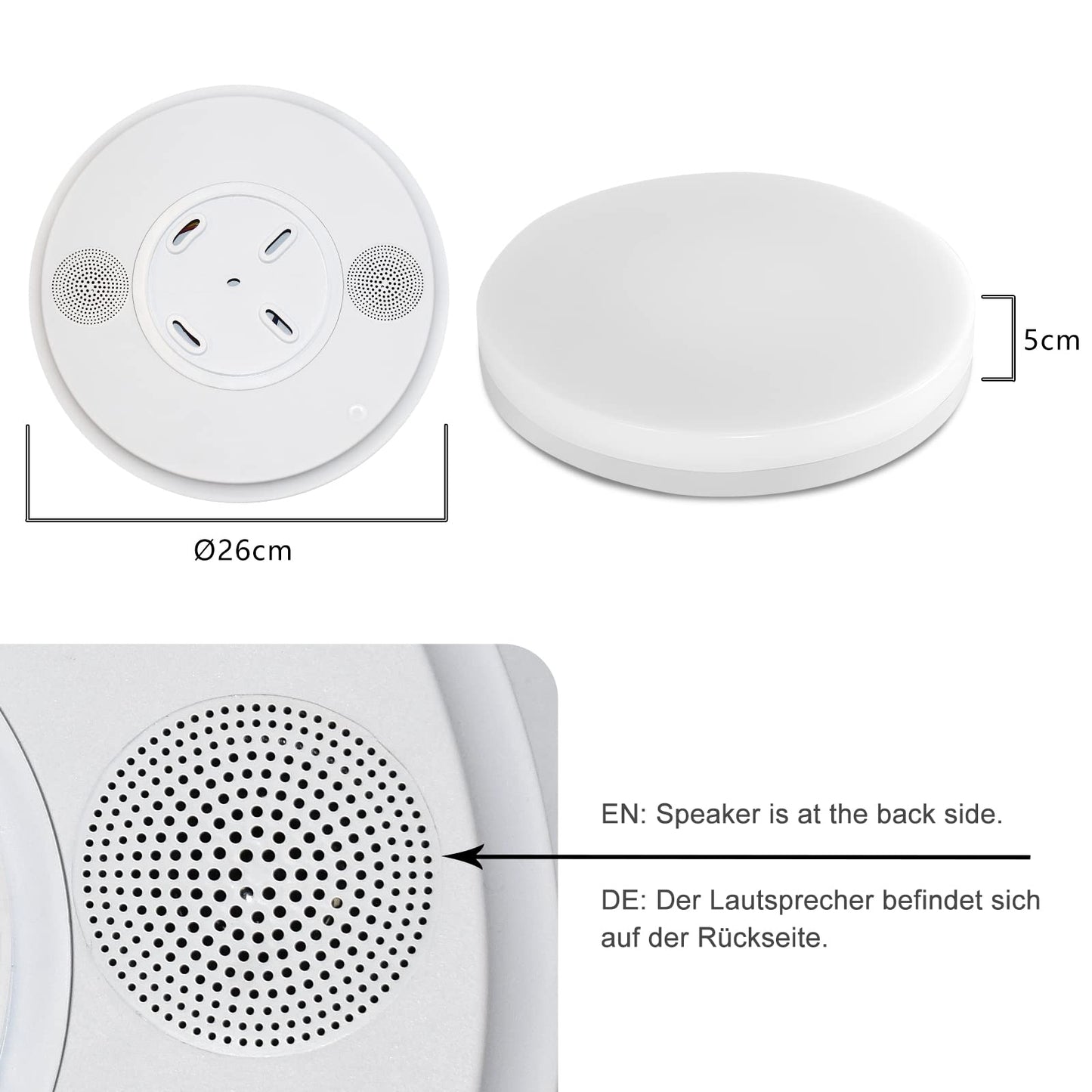 Bluetooth ceiling light 24W LED ceiling lamp with speaker, remote control and app control, RGB color changing, dimmable, IP44 waterproof, White noise adjustable for bedroom children's room Ø26CM