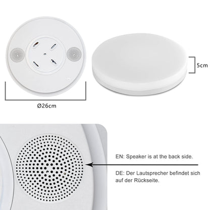 Bluetooth ceiling light 24W LED ceiling lamp with speaker, remote control and app control, RGB color changing, dimmable, IP44 waterproof, White noise adjustable for bedroom children's room Ø26CM