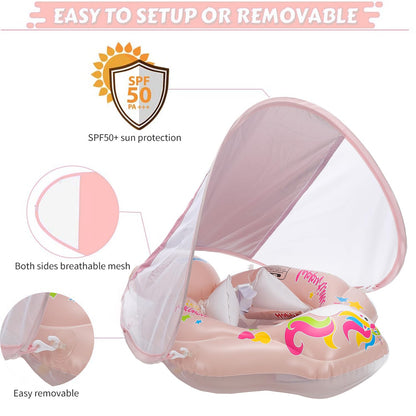 TUIBEIDAMAI Baby Swim Ring with Sunshade Removable, Swim Ring with Sun Protection Adjustable Shoulder Straps, Inflatable Swim Ring, Baby Float Swim Ring for 3-36 Months (Pink)