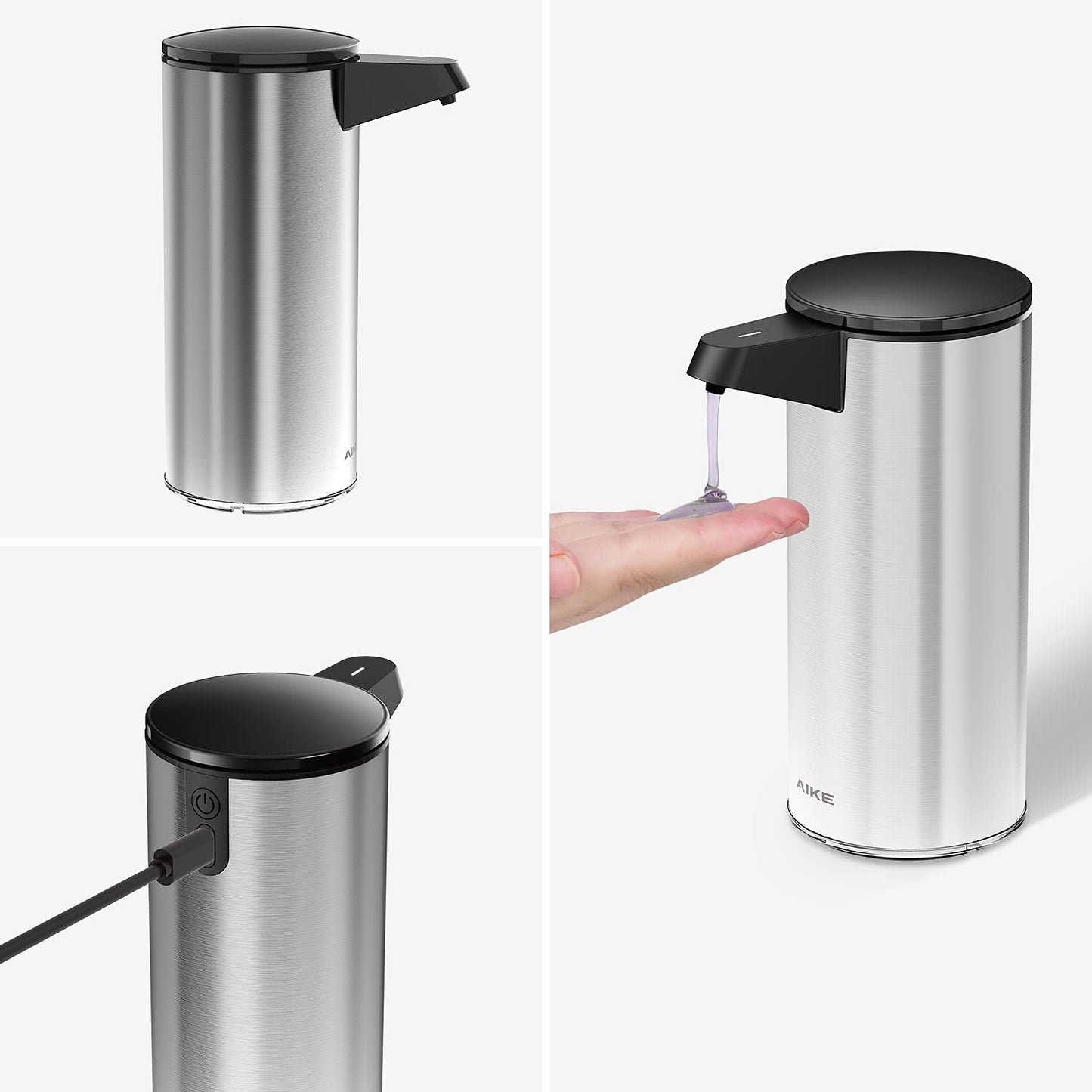AIKE Automatic Stainless Steel Soap Dispenser with Infrared Sensor, 280ml Touchless Automatic Soap Dispenser USB Charging