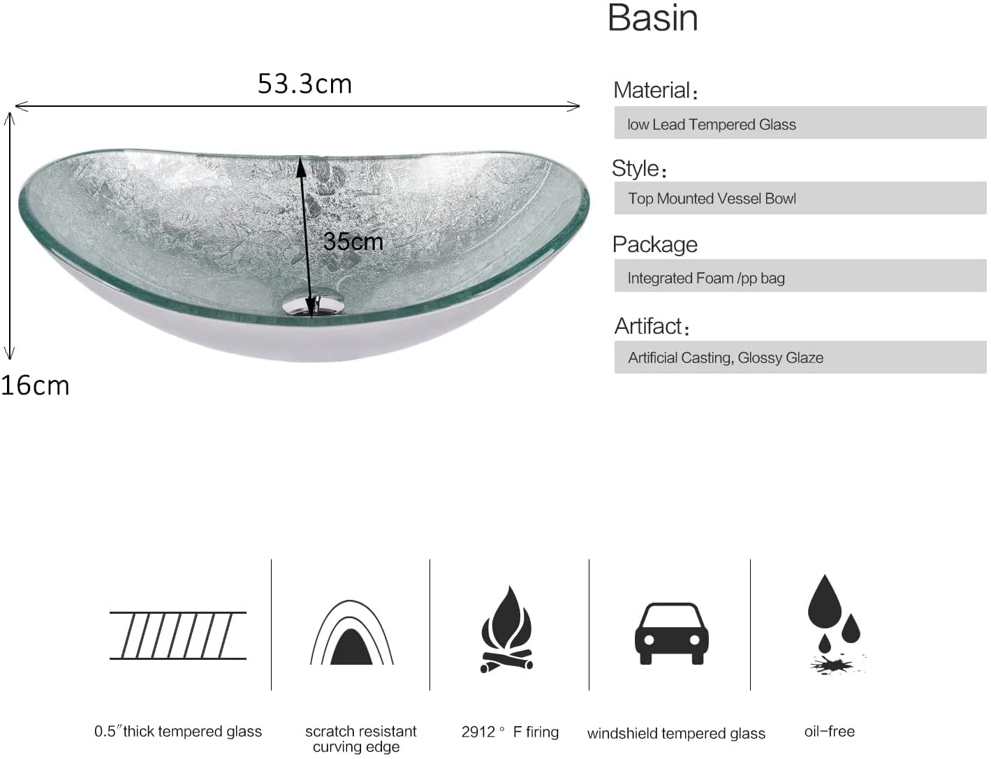 ARTETHYS Glass Countertop Basin with Faucet Drain, Oval Washbasin Vanity Set Silver, Bathroom Kitchen, Guest WC