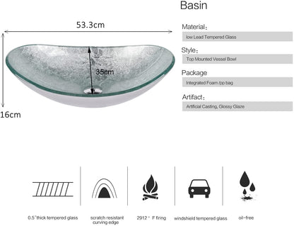 ARTETHYS Glass Countertop Basin with Faucet Drain, Oval Washbasin Vanity Set Silver, Bathroom Kitchen, Guest WC
