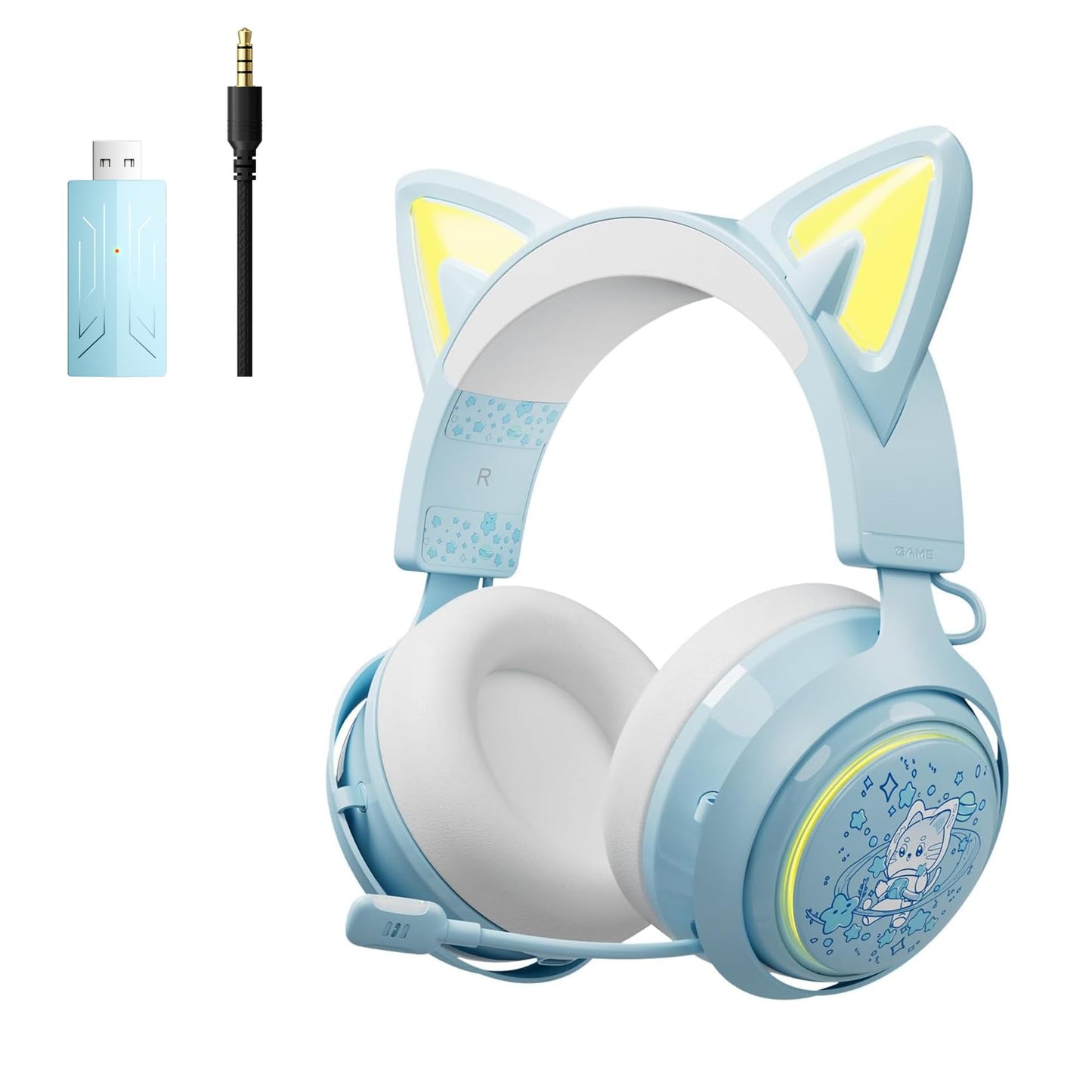 Somic Cat Ear Headphones, 2.4G/Bluetooth Wireless Gaming Headset for PS5, PS4, PC with RGB lights and retractable microphone, 10 hours playtime, for laptop, smartphone - GS510 Pro in Blue.