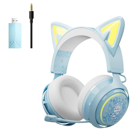 Somic Cat Ear Headphones, 2.4G/Bluetooth Wireless Gaming Headset for PS5, PS4, PC with RGB lights and retractable microphone, 10 hours playtime, for laptop, smartphone - GS510 Pro in Blue.