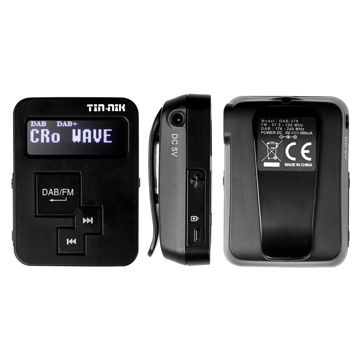 Tin-Nik DAB-379 Portable Digital DAB+/DAB/FM Mini Radio - Pocket DAB for sports, walking, running, or cycling, rechargeable battery, stereo headphones included.