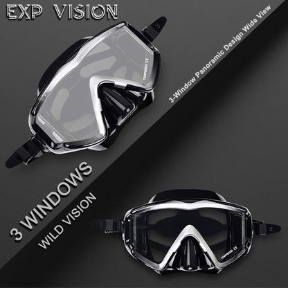 Snorkel diving mask with HD panoramic 3-window view for adults. Anti-fog tempered glass for clear underwater vision. Silicone diving mask for women and youth swimming goggles.