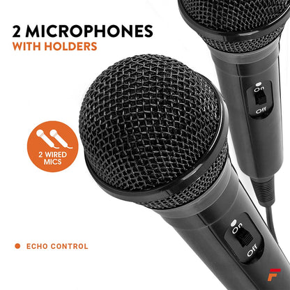 Fenton karaoke system with 2 microphones, stage mat with LEDs, Bluetooth, MP3 player, USB, karaoke machine with disco light effects - red suitable for all age groups with 2 handheld microphones and tablet holder.