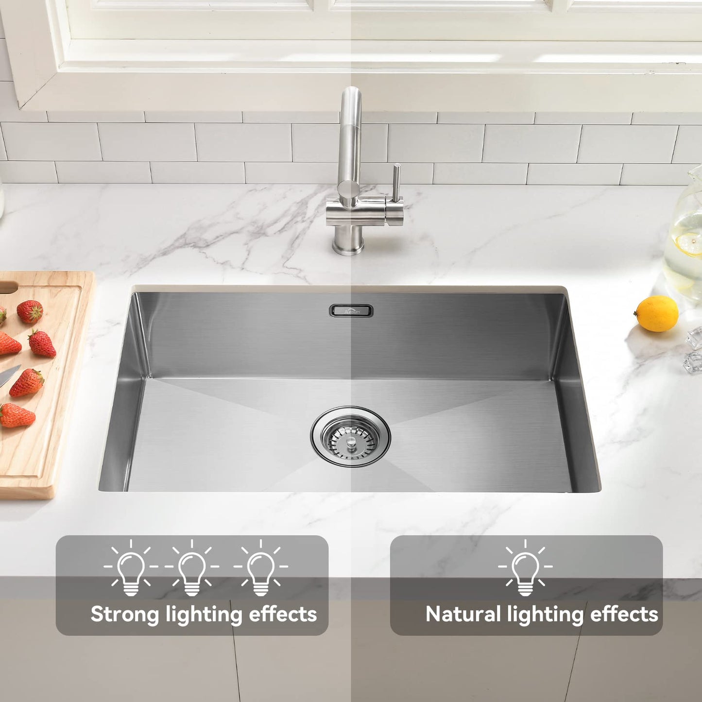 Auralum Kitchen Sink 70 x 44 cm, Large Handcrafted Stainless Steel Kitchen Sink, for 80 cm Kitchen Cabinet, including Siphon, Overflow, and Drain Set, Flush/Inset Sink for Kitchen