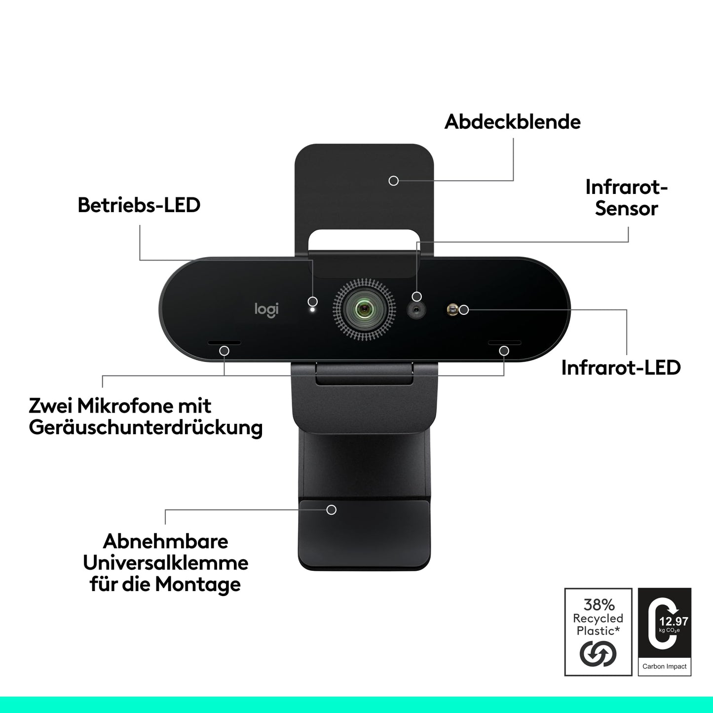 Logitech Brio 4K Webcam, video calls, noise-canceling microphone, automatic HD exposure correction, Microsoft Teams, Zoom, Google Voice, Google Meet, PC/Mac/Notebook/Macbook - Graphite